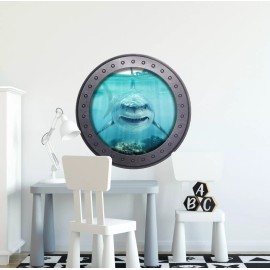 StickitGraphix Great White Shark Shallow Water Ocean Porthole Wall Sticker 3D Window Wall Decal - 18" Tall x 18" Wide