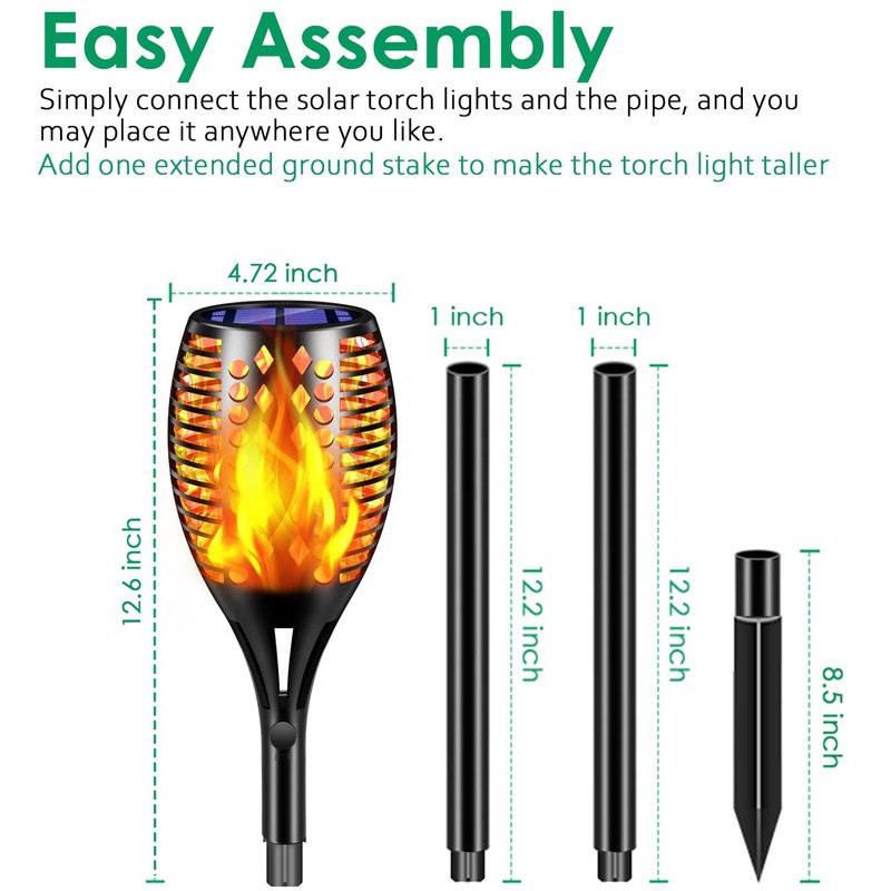 TomCare Solar Lights, 43" Waterproof Flickering Flames 96 LED Torches