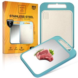 Stainless Steel Cutting Board, 14" x 11", 2 Sided Wheat Plate for Cutting Veggies and Steel for Meat, Scratch Resistant, Juice Groove, Non-Slip, Garlic Grater