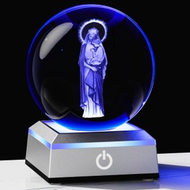 3D Crystal Virgin Mary and Baby Jesus Figurines with Colorful LED Base Laser Engraved Religious Christian Catholic Gifts for Women Mom Friends Blessed Mother and Child Jesus Statues Keepsakes Decor