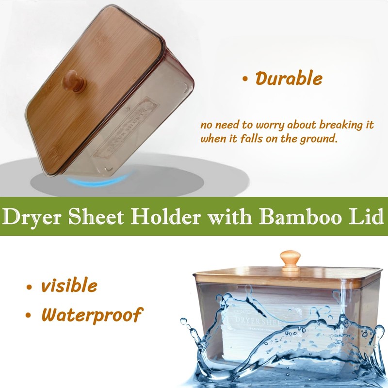 Dryer Sheet Holder with Bamboo Lid,Acrylic Laundry Clear Dryer Sheets