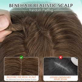 Benehair 100% Remy Human Hair Toppers for Women, 9 * 12CM Silk Base Hairpieces With Bangs 150% Density for Thinning Hair Dark Brown 12 Inch