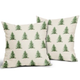 Green Christmas Tree Pillow Covers 18x18 Set of 2 Winter Rustic Watercolor Xmas Block Print Decorative Throw Pillowcases Outdoor Farmhouse Nature Forest Holiday Cushion Cases Decor for Couch Sofa Bed