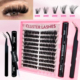 Fluffy Lash Clusters Kit 200pcs DIY Lash Extension Kit, Wispy Lash Clusters Kit Natural 8-16mm Thick Volume Eyelashes Extension Kit with Lash Bond and Seal and Lash Tweezers.(200P-6K-Kit)