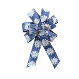 Handmade Large 10" Hand Made Wreath Bow - Wired Linen- White on Navy- Holiday Snow Flake