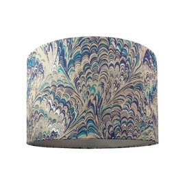 Contemporary and Vivid Peacock Print Table/Pendant Drum Lamp Shade in Teal, Grey, Blue and Silver Cotton - 25cm with Silver Satin Fabric Inner Lining | 60w Maximum by Happy Homewares