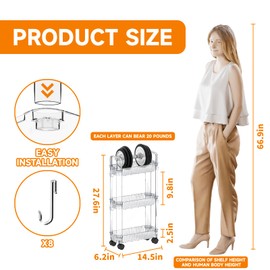 3 Tier Rolling Cart with Wheels,Clear Bathroom Storage Organizer,Narrow Laundry Room Storage and Utility Cart Mobile Shelving Unit,Three Tier Slim Snack,Craft,Book Dorm Storage Cart for Small Spaces