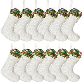 Pack of 12 Mini Knit Christmas Stockings 6 Inch Knitted Xmas Stockings Family Stockings Holiday Hanging Stockings Cable Knitted Stocking Gifts Decorations for Fireplace Tree Decor (White)