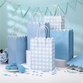 Kolldenn 24 Pcs Blue Gingham Party Supplies Gift Bags with Handles Scallop Kraft Paper Checkered Plaid Treat Candy Goodie Party Favor Bags for Baby Shower Birthday Wedding Decor