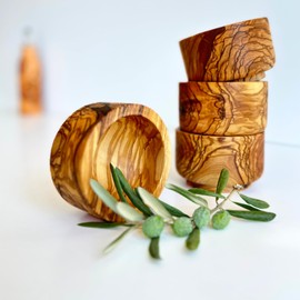 Set of 4 Olive Wood Serving Bowls, Handmade Wooden Bowls Set for Various Fruits, Rustic Wooden Snack Bowls, Size 10cm