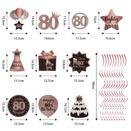 Happy 80th Birthday Party Hanging Swirls Streams Ceiling Decorations, Celebration 80 Foil Hanging Swirls with Cutouts for 80 Years Old Rose Gold Birthday Party Decorations Supplies