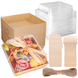 Whaline 50Pcs Small Charcuterie Boxes with Clear Lids Kraft Mini Dessert Boxes with Forks and Knives 5 Inch Square Disposable Food Containers for Sandwich Cookie Sushi Cake Slice Strawberries