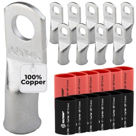 SELTERM 10pcs - 2 Awg - 5/16" Stud - Battery Lugs - Ring Terminal Connectors | with 12pcs 3:1 Black & Red Heat Shrink Tubing with Adhesive | Heavy Duty Battery Cable Ends - Tinned Copper Wire Lugs Kit