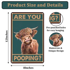 Bathroom Wall Art, Vintage Highland Cow "Are You Pooping?" Wall Pictures for Bathroom, Toilet Wall Decor – Humorous 8X12 Inch Metal Wall Art