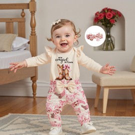 Fernvia Western Newborn Baby Girl Clothes Long Sleeve Letter Print Romper Animal Print Pants Headband 3Pcs Outfits Sets (A Beige, 6-9 Months)