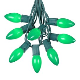 100 Foot C9 Green Ceramic Christmas String Light Set - Outdoor Christmas Light String - – Opaque Christmas Bulbs - Roofline Light String – Outdoor String Lights - Green Wire