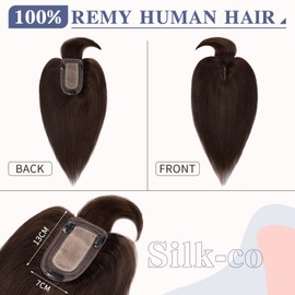 Clip-In Real Hair Topper Extensions, Real Hair Pieces, Straight Toupee Hair Thickening Hair Extensions for Women, 7A Remy Hair, 7 x 13 cm, Base 35 cm, 44 g, 02# Dark Brown