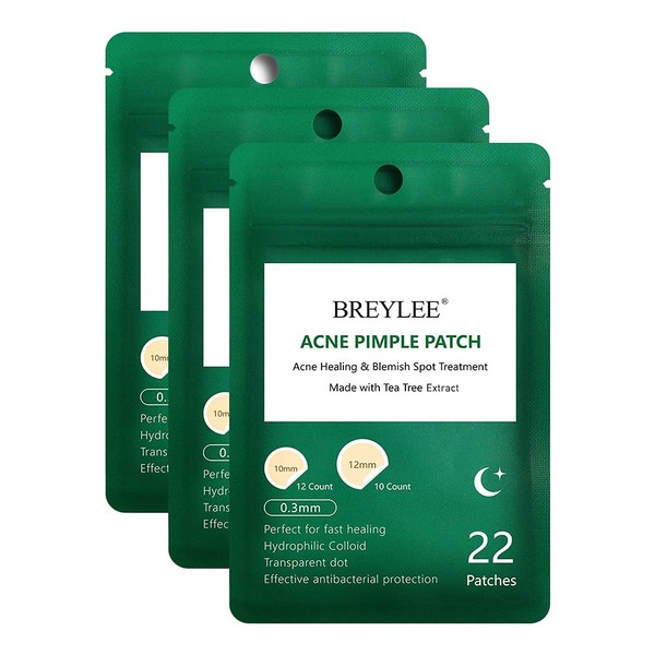 BREYLEE Acne Pimple Patch (66Count), Tea Tree Oil Pimple Patch Acne Pimple Healing Patch Zit Patch Acne Patch Hydrocolloid Patch, 10mm+12mm