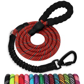 Rope Dog Leash 6 FT: Heavy Duty Leashes with Swivel Lockable Hook Reflective Threads Bungee and Padded Handle - Dog Lead for Large Small Medium Dogs Outside Walking Hiking Red Black
