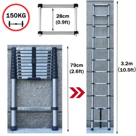 10.5FT Stainless Steel Telescoping Extension Ladder Portable Retractable Ladder with Support Bar Loft Ladder Heavy Duty for Home RV Garage EN131 Standard 330LB Max Load