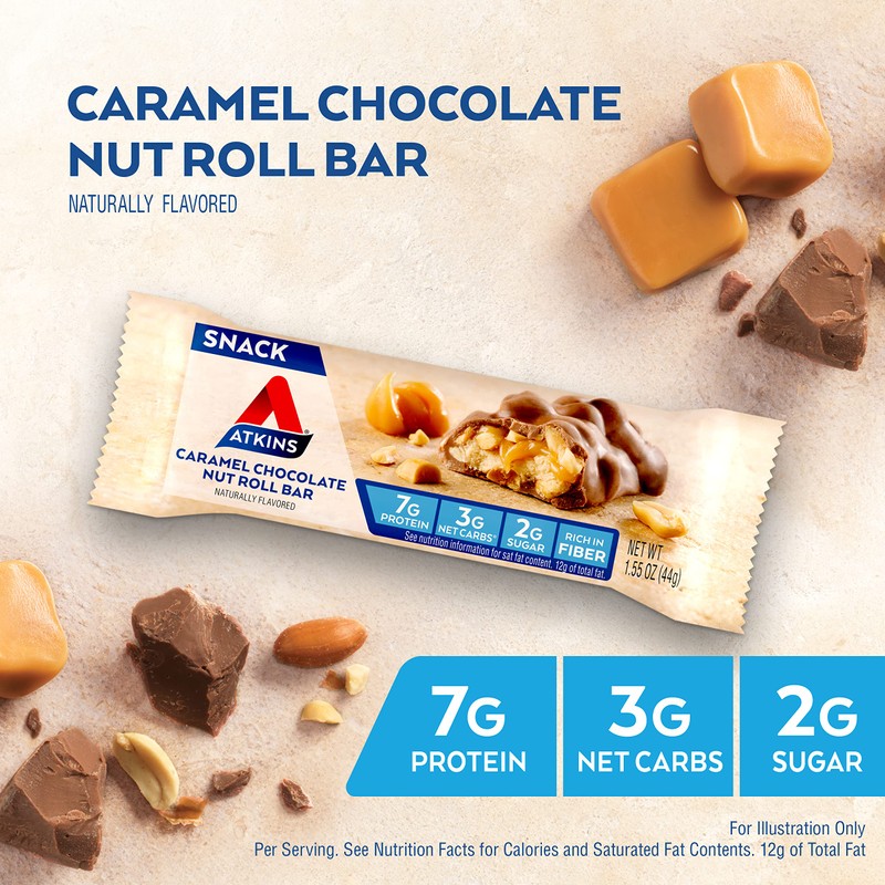 Atkins Caramel Chocolate Nut Roll Snack Bar, Protein Snack ,