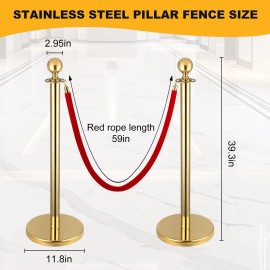 Berverra 4Pcs Stanchions with 2Pcs 5Ft Velvet Ropes, Gold Stanchions and Red Velvet Ropes