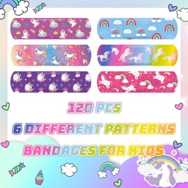 6 Styles Kids Bandages Cute Cartoon Bandages Unicorn Patterns Bandages for Girls Flexible Adhesive Bandages Kawaii Variety Pack Comfortable Flexible Protection Care for Cuts Scrapes Wounds (120 Pcs)