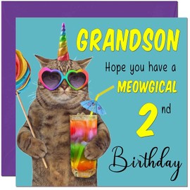 2nd Grandson Birthday Card - Meowgical Cat Funny Birthday Card for 2 Year old Kids two, second