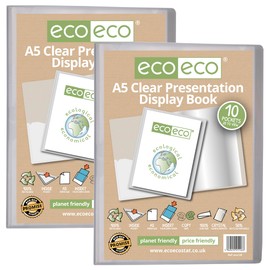 eco-eco A5 Size 50 Percent Recycled 10 Pocket Clear Presentation Display Book, Storage Case Portfolio Art Folder with Plastic Sleeves, Pack of 2, eco126x2