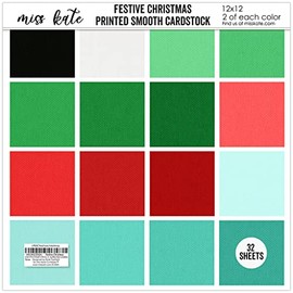 Linen Print Smooth 67lb Cardstock – Festive Christmas - for Santa Claus Merry Tree Xmas - 32 Sheet - Single-Sided Card Stock - Two of 16 Color - White Core- Crafting Scrapbook - by Miss Kate Cuttables