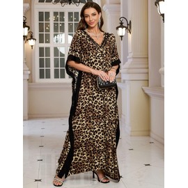 Kaftan Dresses for Women V Neck Batwing Sleeve Plus Size Caftans Swimwear Coverups Maxi Beach Dresses Leopard Print
