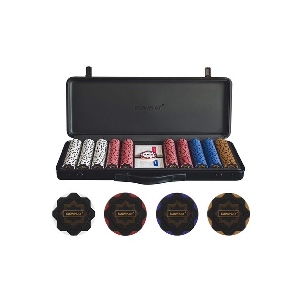 SLOWPLAY Nash 14 Gram Clay Poker Chips Set for Texas Hold’em, 500 PCS [Blank Chips] Features a high-end Carrying case with Leather Interior Design and German Polycarbonate Shell