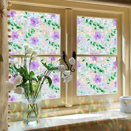 Coavas Stained Glass Window Privacy Film Magnolia Floral Decorative Static Cling Rainbow Decals Non-Adhesive Sun Blocking Stickers for Home Bathroom Glass Door, Purple, 29.5" x 78.7"