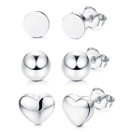 Sllaiss 3 Pairs 925 Sterling Silver Stud Earrings Set for Women Dot Round Ball Stud Earrings Heart Stud Earrings Simple Earrings Minimalist
