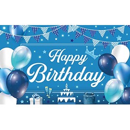 FAMULIA Birthday Tapestry Horizontal Birthday Balloon Girls Boys Decorative Stylish Color 70.9 x 43.3 inches (180 x 110 cm) (Blue/white)