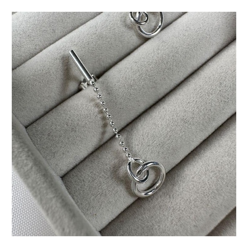 Sterling Silver Circle Bar Beaded Chain Stud Drop Earrings
