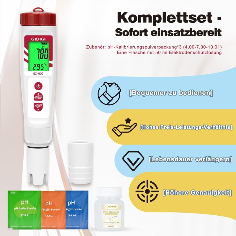 GIDIGI Wasserstoff Messgerät und pH Messgerät Wasser, Digitales pH/ORP/H2/Temperatur mit