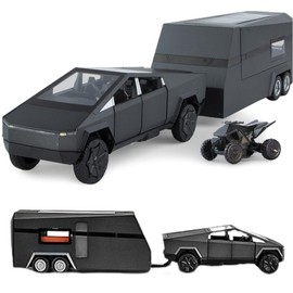 1/32 Pickup Trailer RV Model Kit, Off-Road Pickup Truck Model Toy with Motorcycle, Truck and Trailer Toy with Sound Light Pull Back, Alloy Diecast Vehicles Cars Toys Gifts for Boy Girl Adult