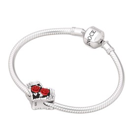 GNOCE Gothic Red Rose Skeleton Pearl Charm 925 Sterling Silver Black Plated Love Will Never Fade Beads Charm for Bracelet Necklace Jewellery Gift for Women, Silver