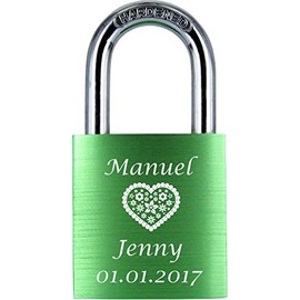 ♥ Love Goals Engraved Love Padlock with Engraving | Individual | Ideal Gift for Lovers & Couples | High-Quality Gift Packaging | Lock with 2 Keys | Anodised | M016. Green, Blue, Red & Purple, green