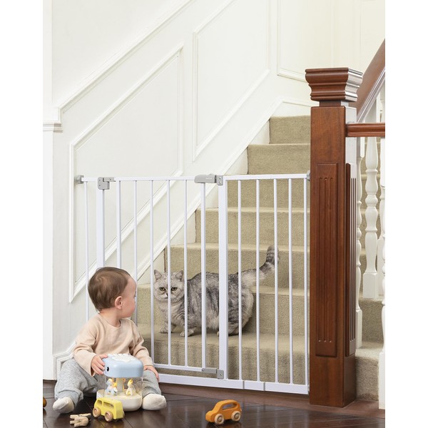 InnoTruth 28.9-42.1" Wide Baby Gate for Stairs & Doorways, 30" Tall Pressure Mounted Dog Gates for Stairs Expandable One-Hand Open, Easy Step Walk Through Dual Lock Metal Pet Gates for Dogs, White