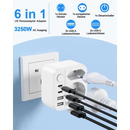 Reiseadapter UK mit Schalter, Adapter England Deutschland Stecker mit 2 USB-C 2 USB(3.4A) - Reisestecker Typ G UK Auf EU Steckdosenadapter für England, Irland, Dubai, Malediven Stckdosen usw
