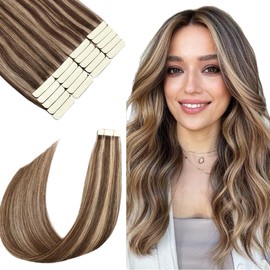 SURNEL Tape in Hair Extensions Human Hair Dark Brown #4 Highlights #27 Caramel Blonde Tape in Hair Extensions Real Human Hair Extensions Tape in Silky Straight 20pcs/50g (T14inch, 4P27)
