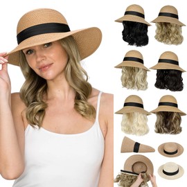 Cephermer Sun Hat, Straw Hat Wig Detachable Adjustable Cap with 12 Inch Synthetic Wavy Hair Extensions Foldable for Women Summer Beach Outdoors Ash Blonde Mix Bleach Blonde