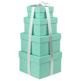Square Gift Boxes with Lids Set of 4 Teal Green Gift Box Assorted Sizes Nesting Gift Boxes for Presents Birthday Bridesmaid Wedding Valentines Christmas Party Favor Boxes