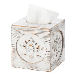 Wood Tissue Box Cover Square Distressed White Tissue Holder with Embossed Lotus Pattern, Rustic Vintage Home Decor for Bathrooom Bedroom Living Room