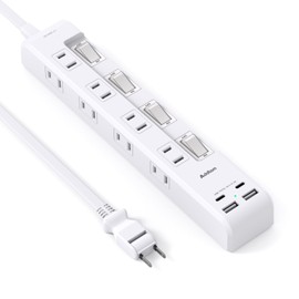 Addtam Extension Cord, 3.3 ft (1 m), Power Strip with USB Charging, 8 AC Outlets, 2 USB-A Ports, 2 Type-C Ports with Individual Switch, Octopus Outlet, Table Tap, Power Cord, Lightning Guard OA Tap
