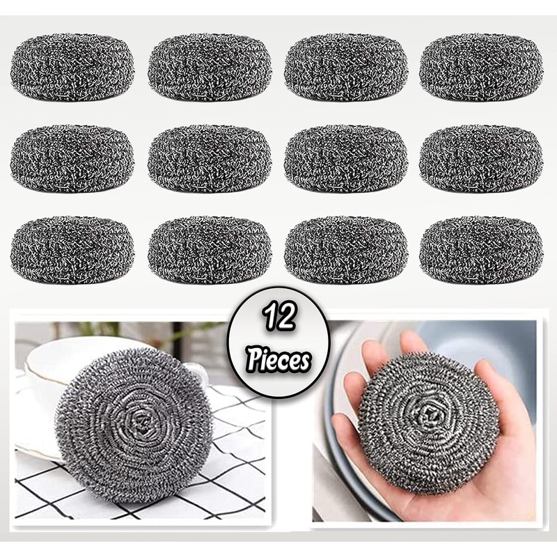 12Pcs Stainless Steel Scourers – Heavy Duty Dish Washing Scrubbers