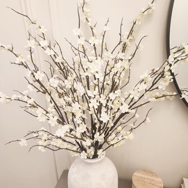HANDIC Artificial Cherry Blossom Branches 5pack 39" Faux Flower Stems for Home Wedding Decor (5, White)