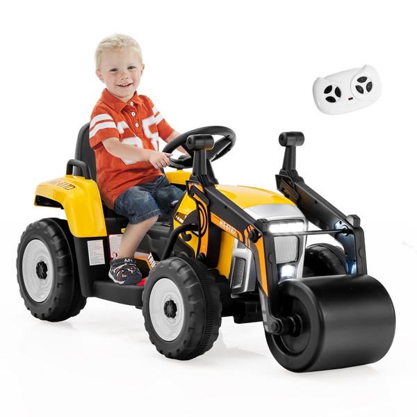 Costzon Ride on Car, 12V Road Roller with Remote Control, Battery Powered Electric Tractor w/Adjustable Drum Roller, LED Lights, Music, USB, Wireless Connection, Electric Car for Kids (Yellow)